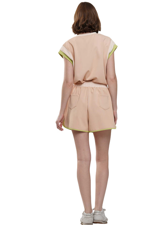 Wide Sleeve Color Block Short Sleeve Top and Matching Casual Shorts