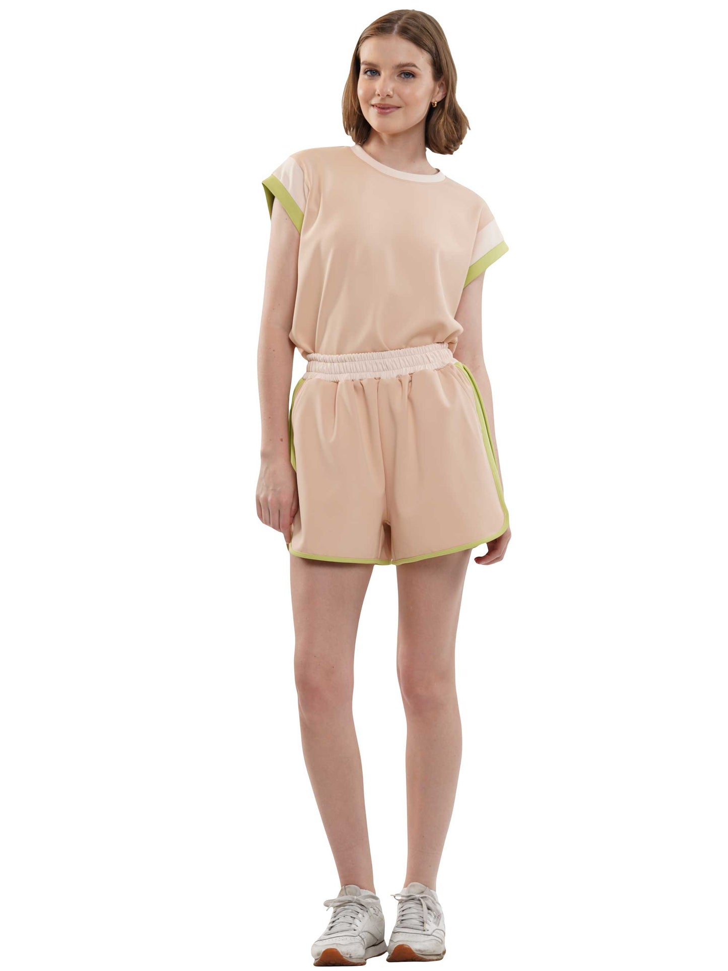 Wide Sleeve Color Block Short Sleeve Top and Matching Casual Shorts