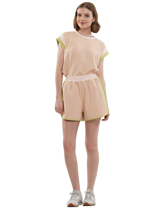 Wide Sleeve Color Block Short Sleeve Top and Matching Casual Shorts