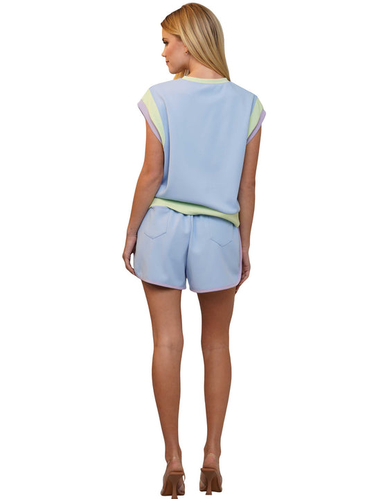 Wide Sleeve Color Block Short Sleeve Top and Matching Casual Shorts