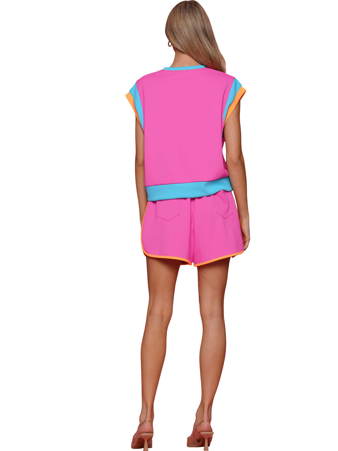 Wide Sleeve Color Block Short Sleeve Top and Matching Casual Shorts