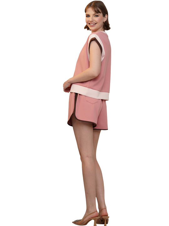 Wide Sleeve Color Block Short Sleeve Top and Matching Casual Shorts-Mauve