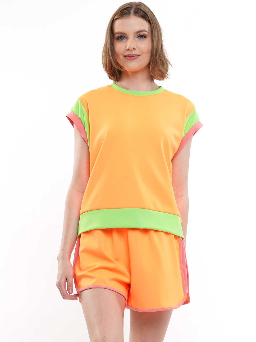 Wide Sleeve Color Block Short Sleeve Top and Matching Casual Shorts