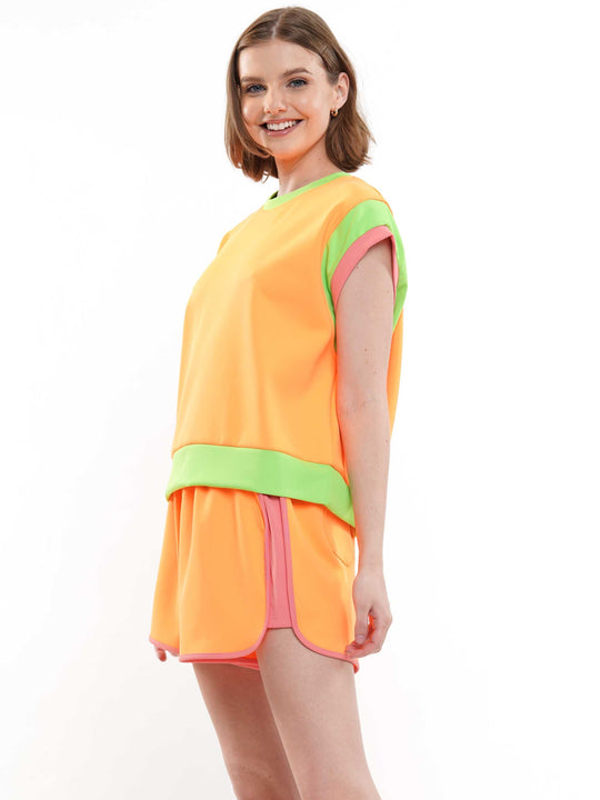 Wide Sleeve Color Block Short Sleeve Top and Matching Casual Shorts