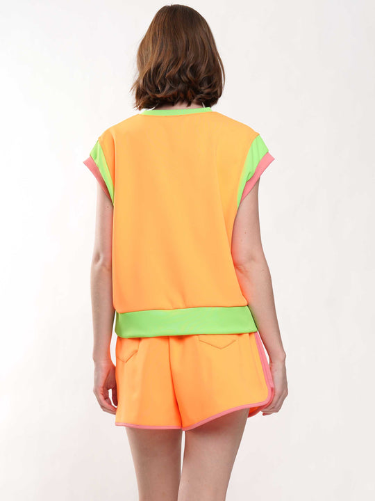 Wide Sleeve Color Block Short Sleeve Top and Matching Casual Shorts