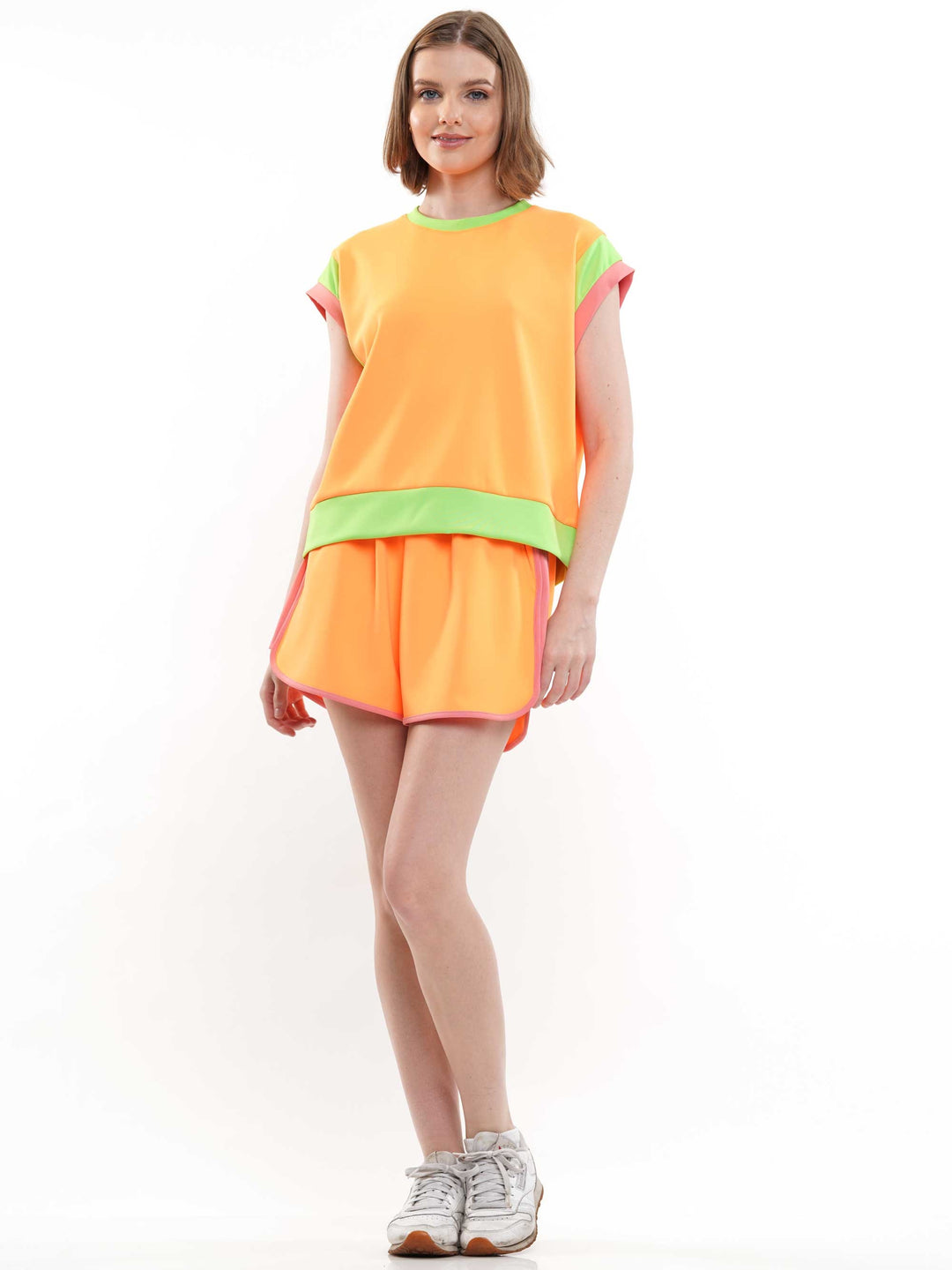 Wide Sleeve Color Block Short Sleeve Top and Matching Casual Shorts