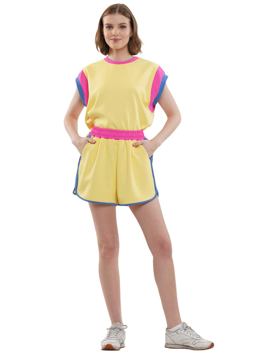 Wide Sleeve Color Block Short Sleeve Top and Matching Casual Shorts