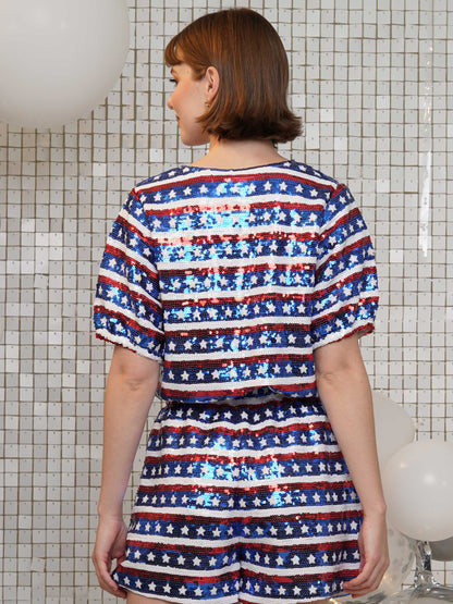 American Stripe Crop & Shorts Sequin Set