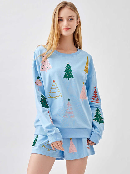 Christmas tree embroidery sweatshirts&shorts