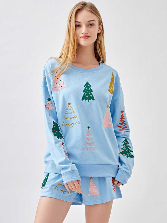 Christmas tree embroidery sweatshirts&shorts