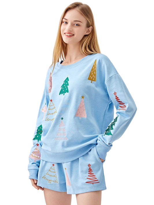 Christmas tree embroidery sweatshirts&shorts