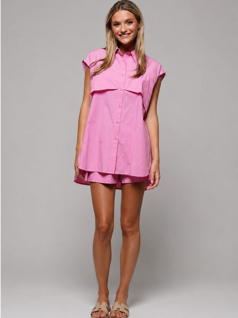 Sleeveless Button Up Shorts 2-Piece Set