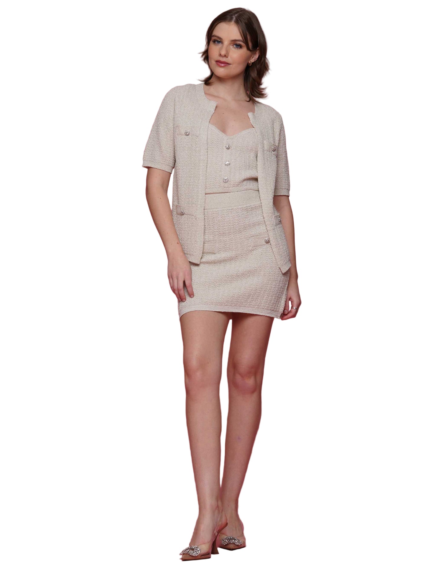 Cream Tweed Knit 3pcs Set (Jacket+Top+Skirt)