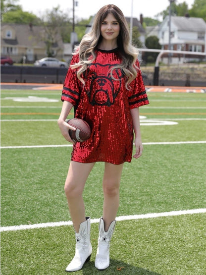 Sequin dress with bulldog