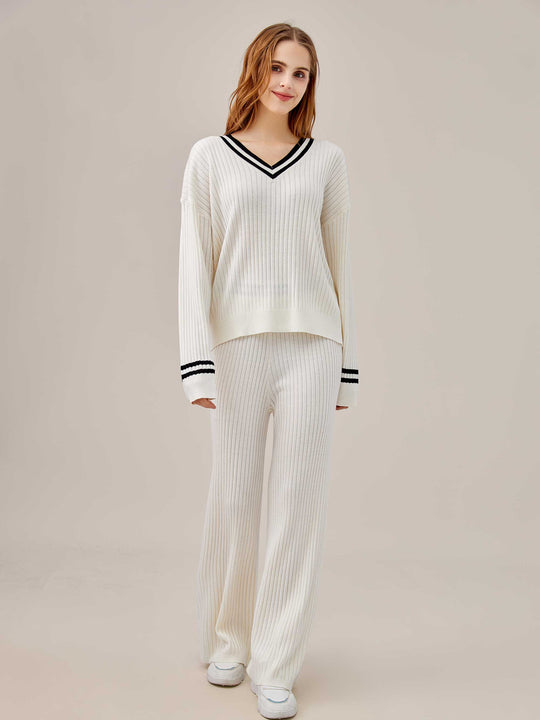 Cozy Ribbed Loungewear 2-Piece Set with Sporty Stripes