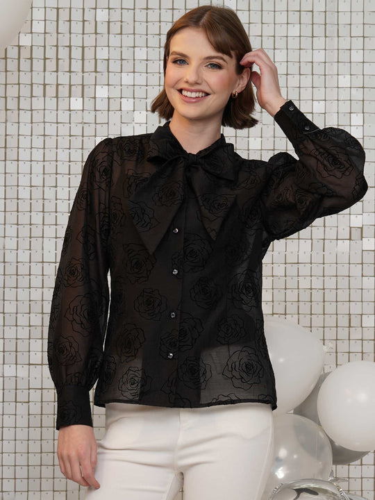 Rose print bow tie blouse with long sleeves