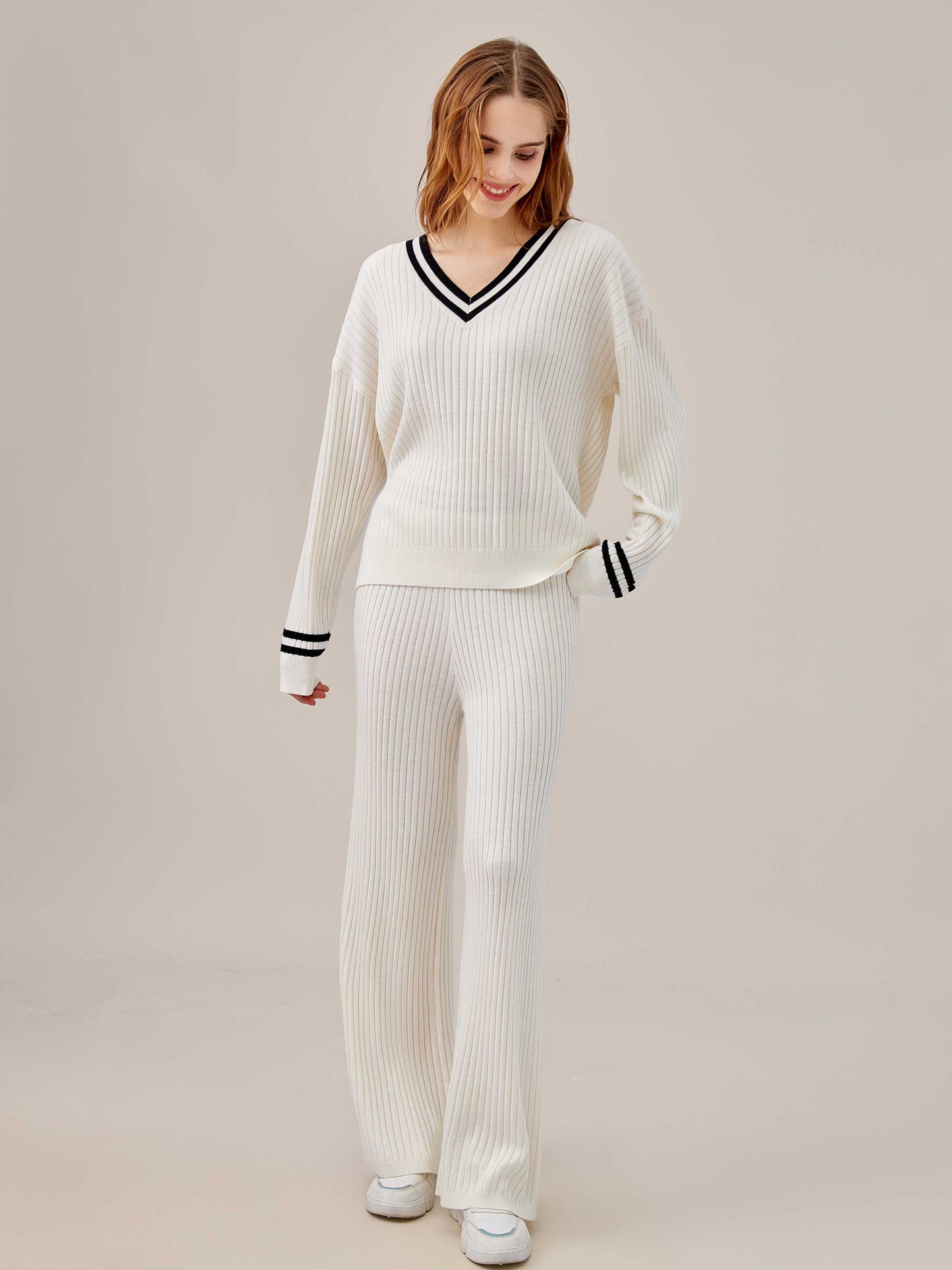 Cozy Ribbed Loungewear 2-Piece Set with Sporty Stripes