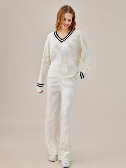 Cozy Ribbed Loungewear 2-Piece Set with Sporty Stripes