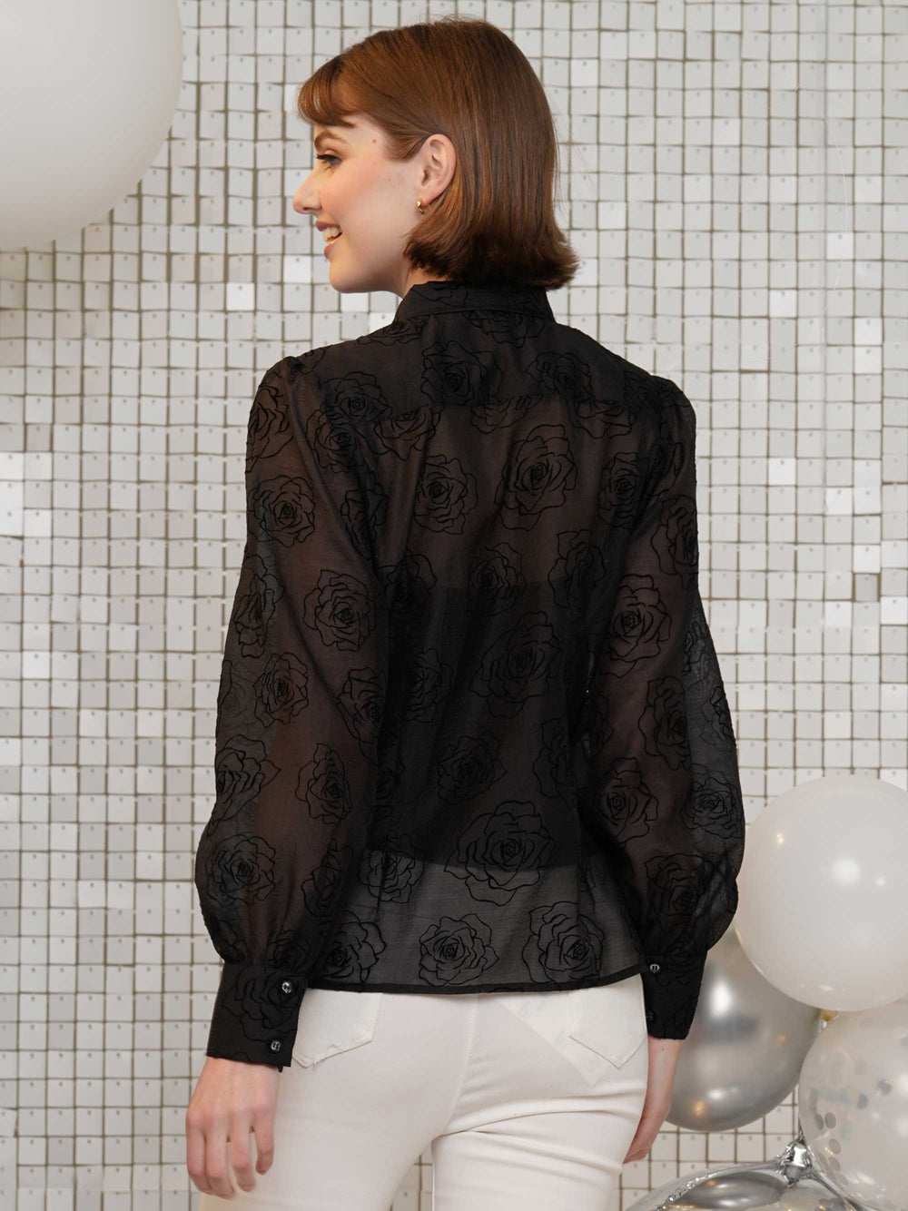Rose print bow tie blouse with long sleeves