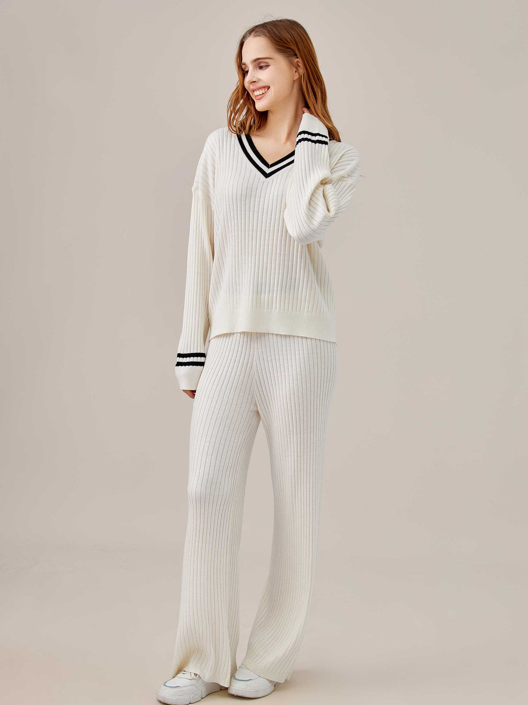 Cozy Ribbed Loungewear 2-Piece Set with Sporty Stripes