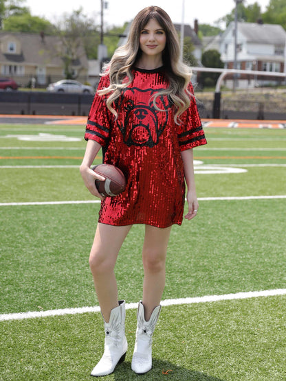 Sequin dress with bulldog