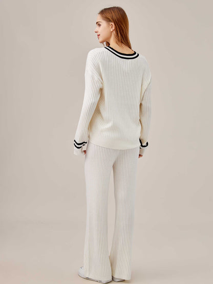 Cozy Ribbed Loungewear 2-Piece Set with Sporty Stripes