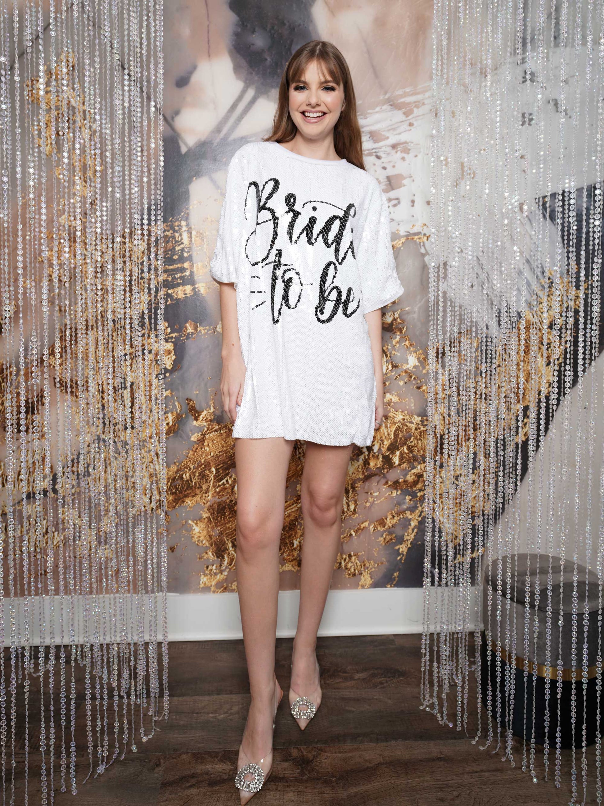 white gold sequin dress Pretty Sequin Dress and Glittering V-Neck Wedding Dress with Slit – White Sequin Dress and Designer Sequin Gown Plus Size Size 16 main image 0