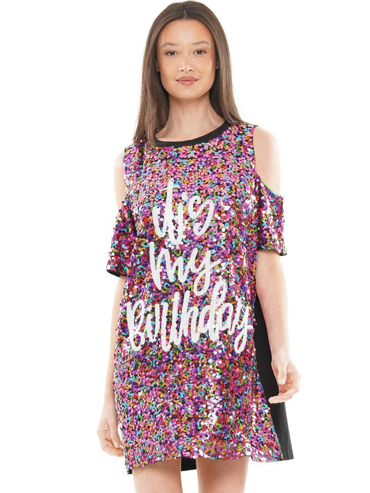 Multi Its my birthday cold shoulder shirt dress