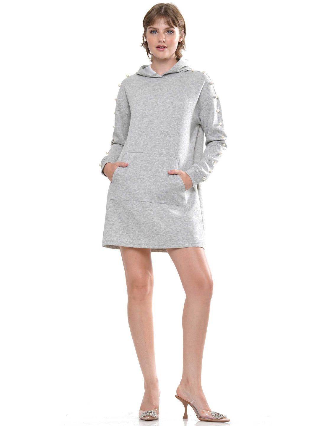 Light Lyocell Front Pocket Pearl Hoodie Dress