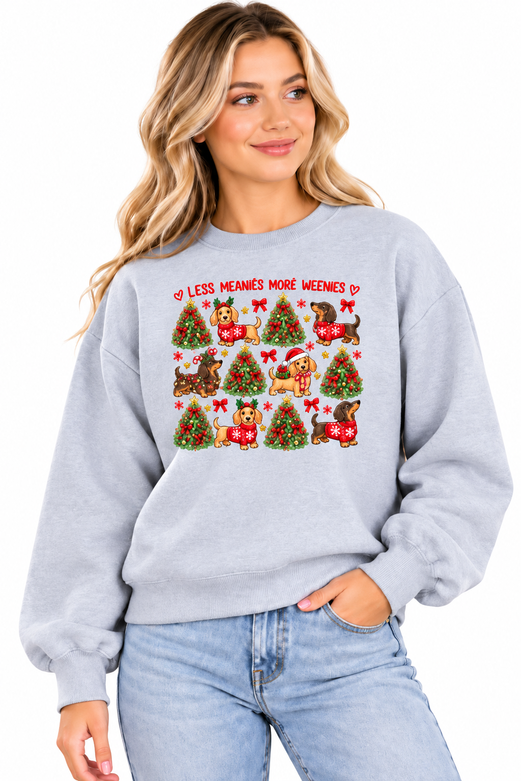 Less Meanies, More Weenies Christmas Sweatshirt – Heather Gray
