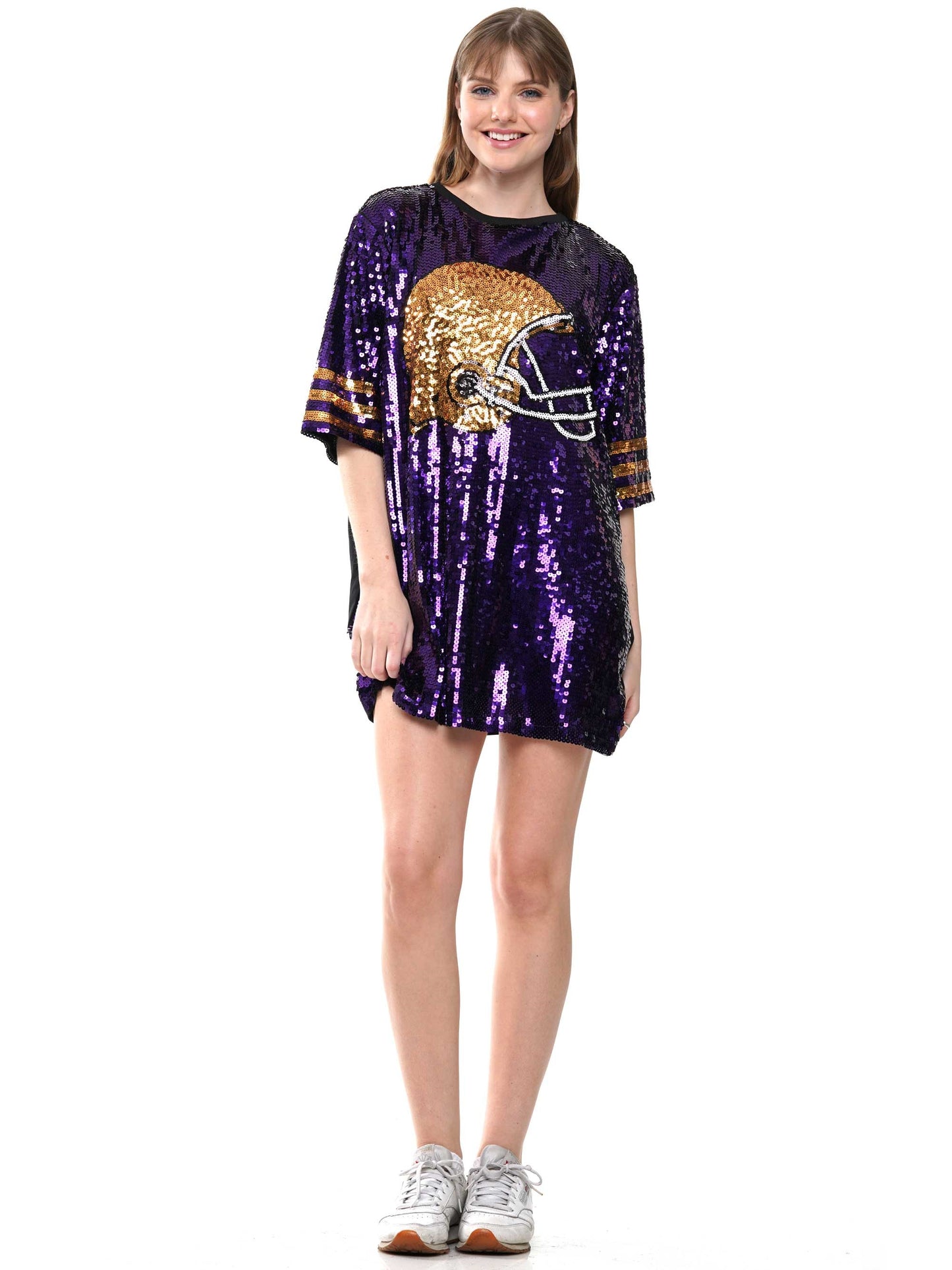 Sequin dress with football helmet