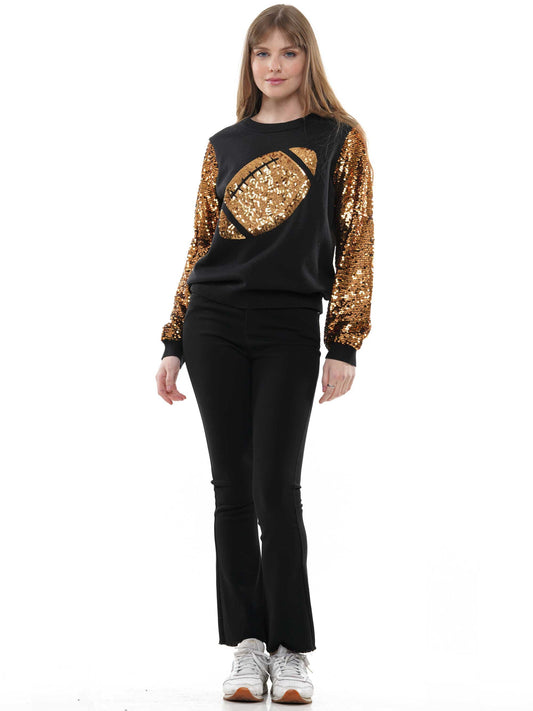 Sequin sleeve knit top with sequin football