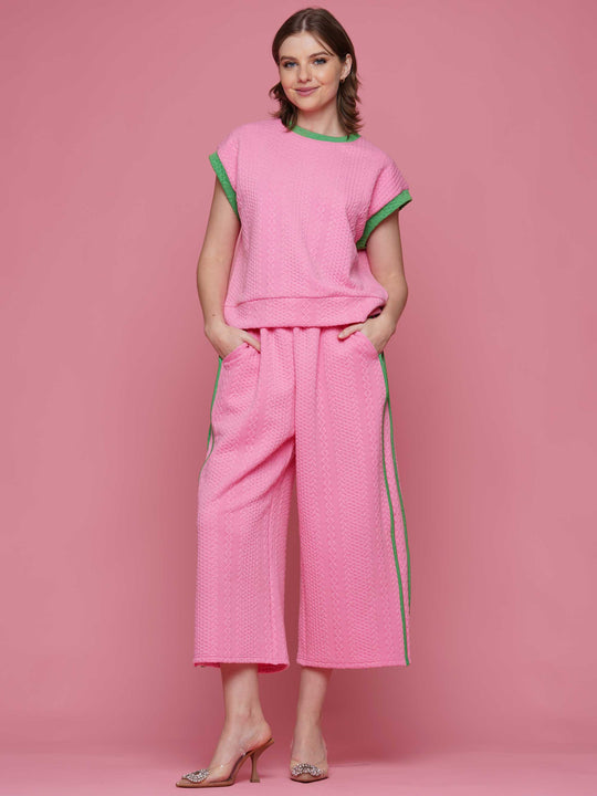 Texture fabric with contrast top & pants set