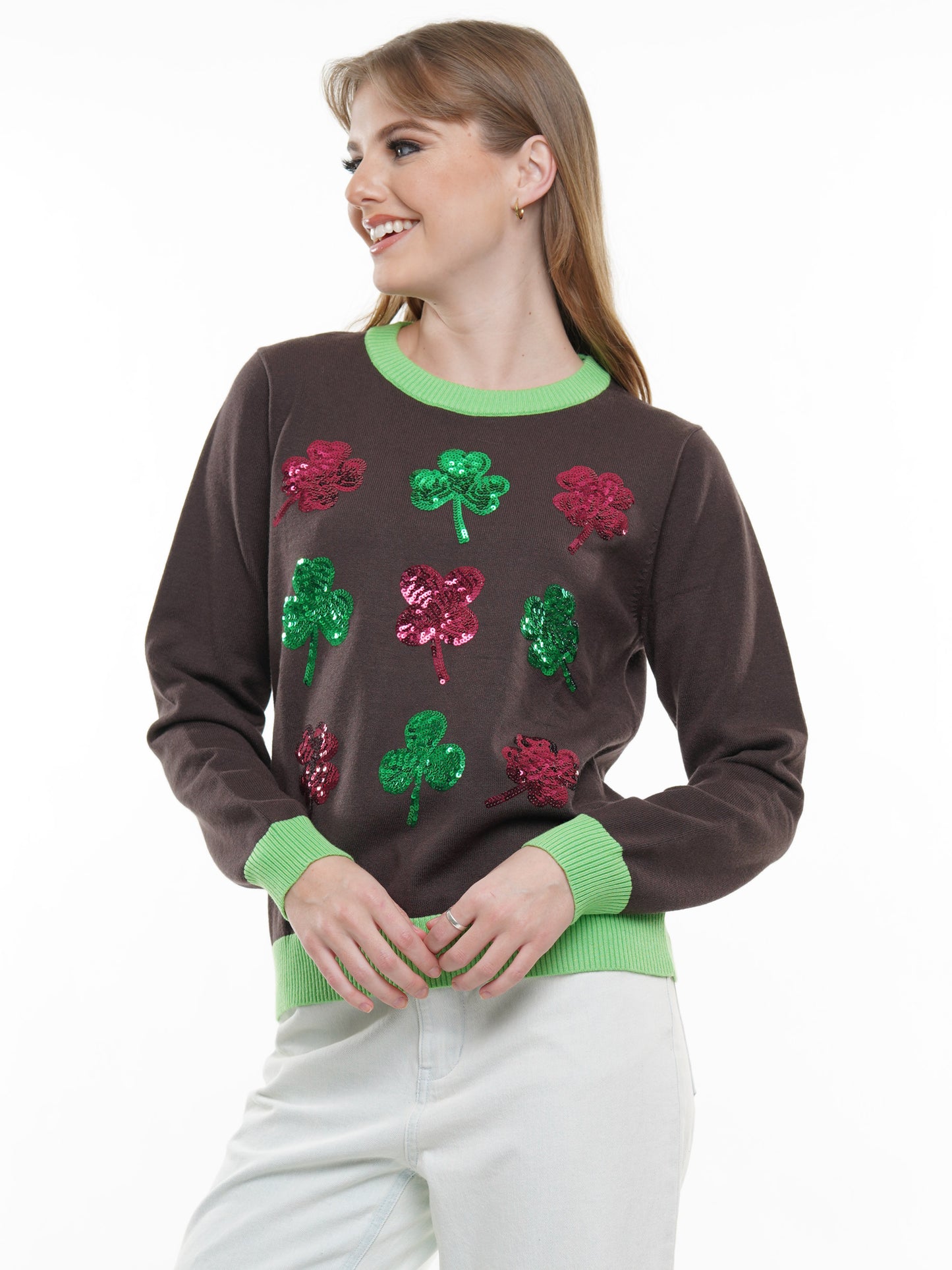 Sequin Clover Pullover Sweater