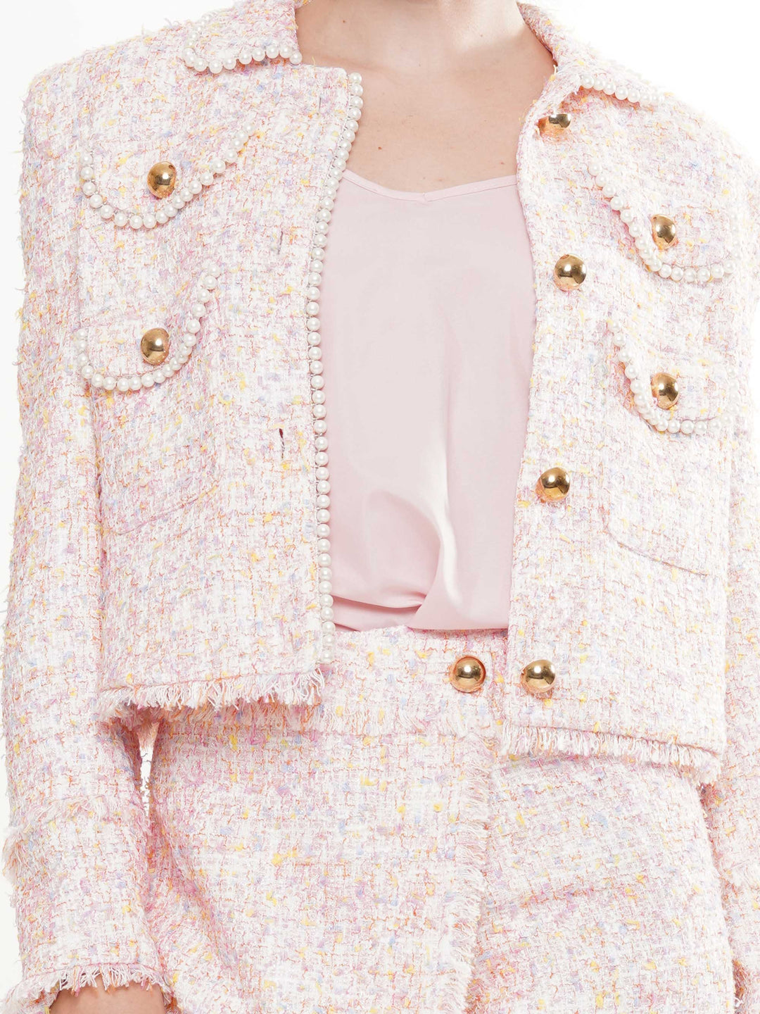 Tweed Long Sleeve Pearl Embellished Jacket