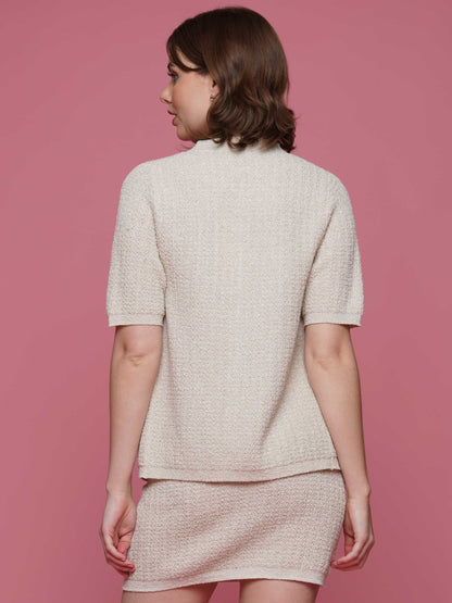 Cream Tweed Knit 3pcs Set (Jacket+Top+Skirt)