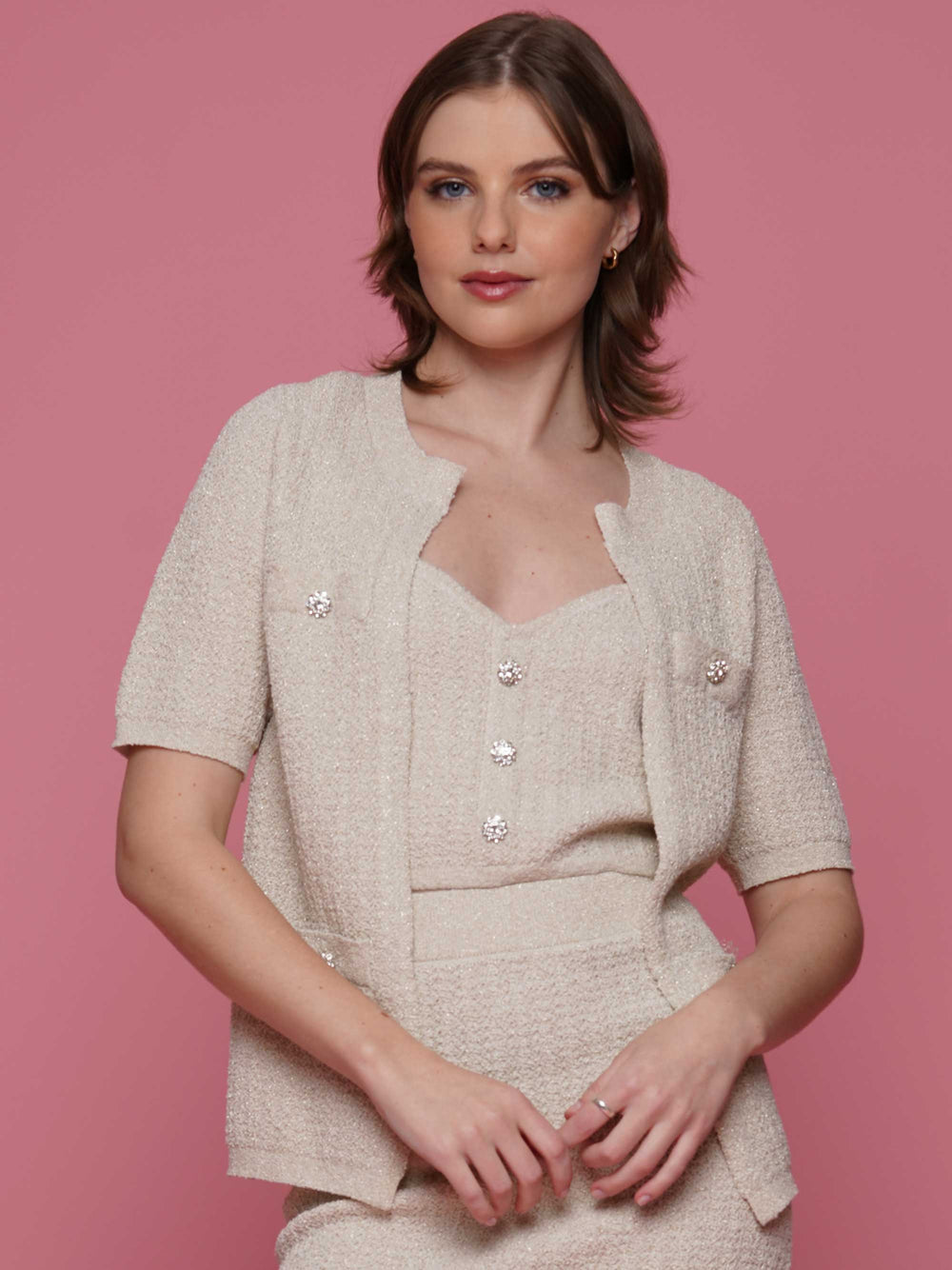 Cream Tweed Knit 3pcs Set (Jacket+Top+Skirt)
