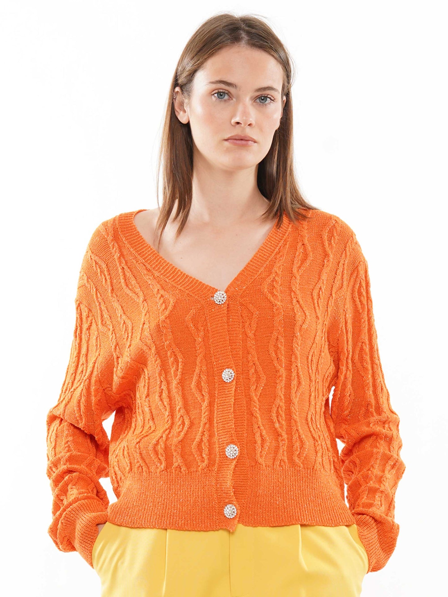 Cable knit cardigan with shiny button detail