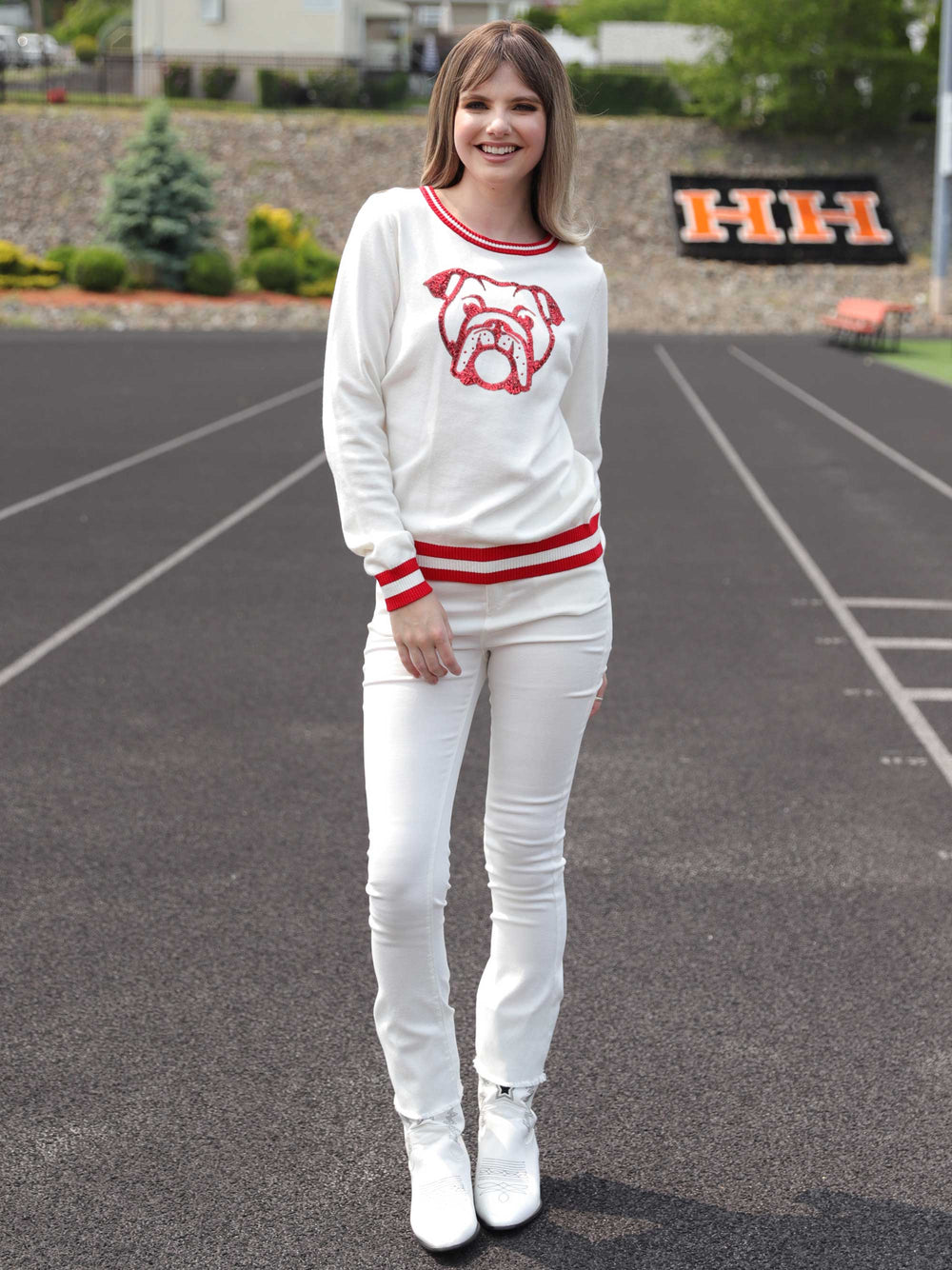 Bull dog sequin knit top