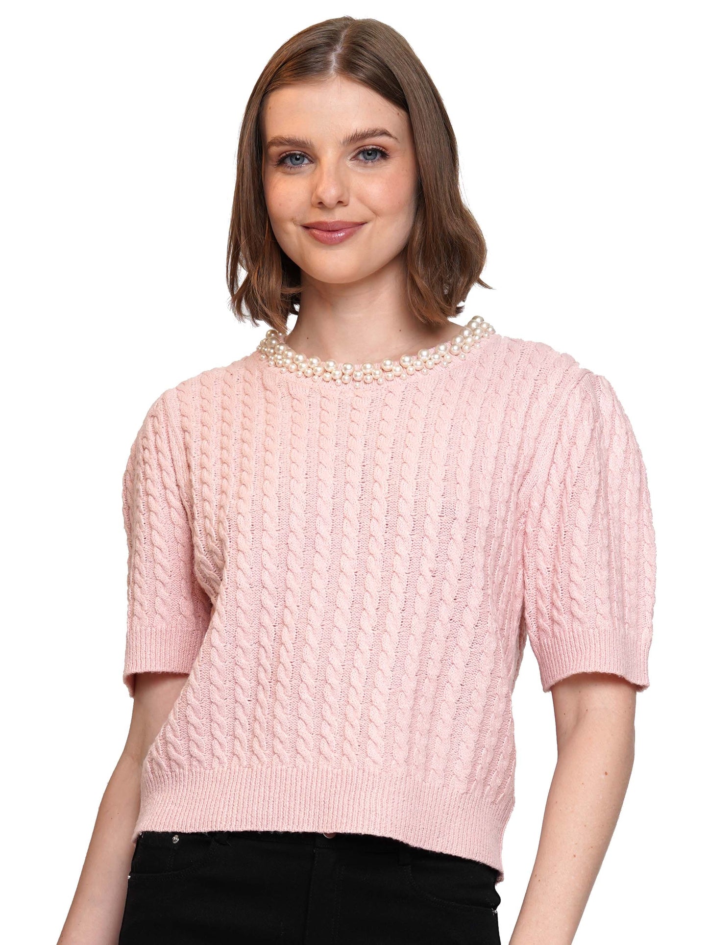Neckline Pearls Beaded Cable Knit