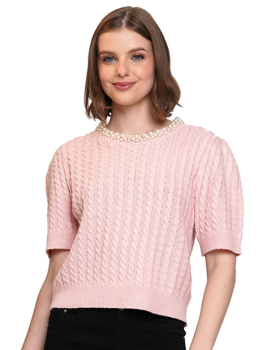 Neckline Pearls Beaded Cable Knit
