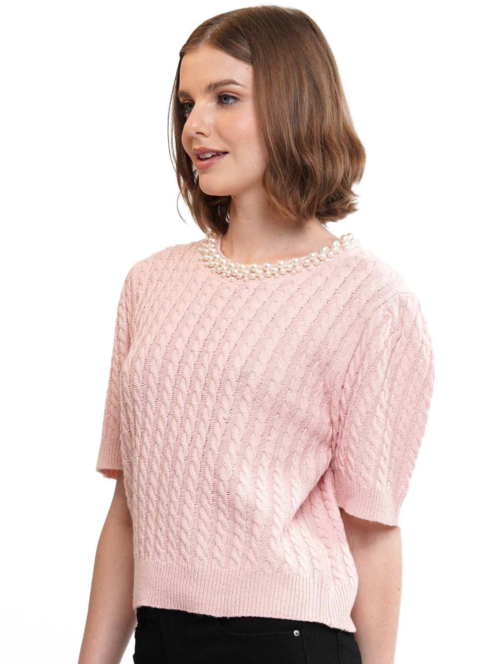Neckline Pearls Beaded Cable Knit
