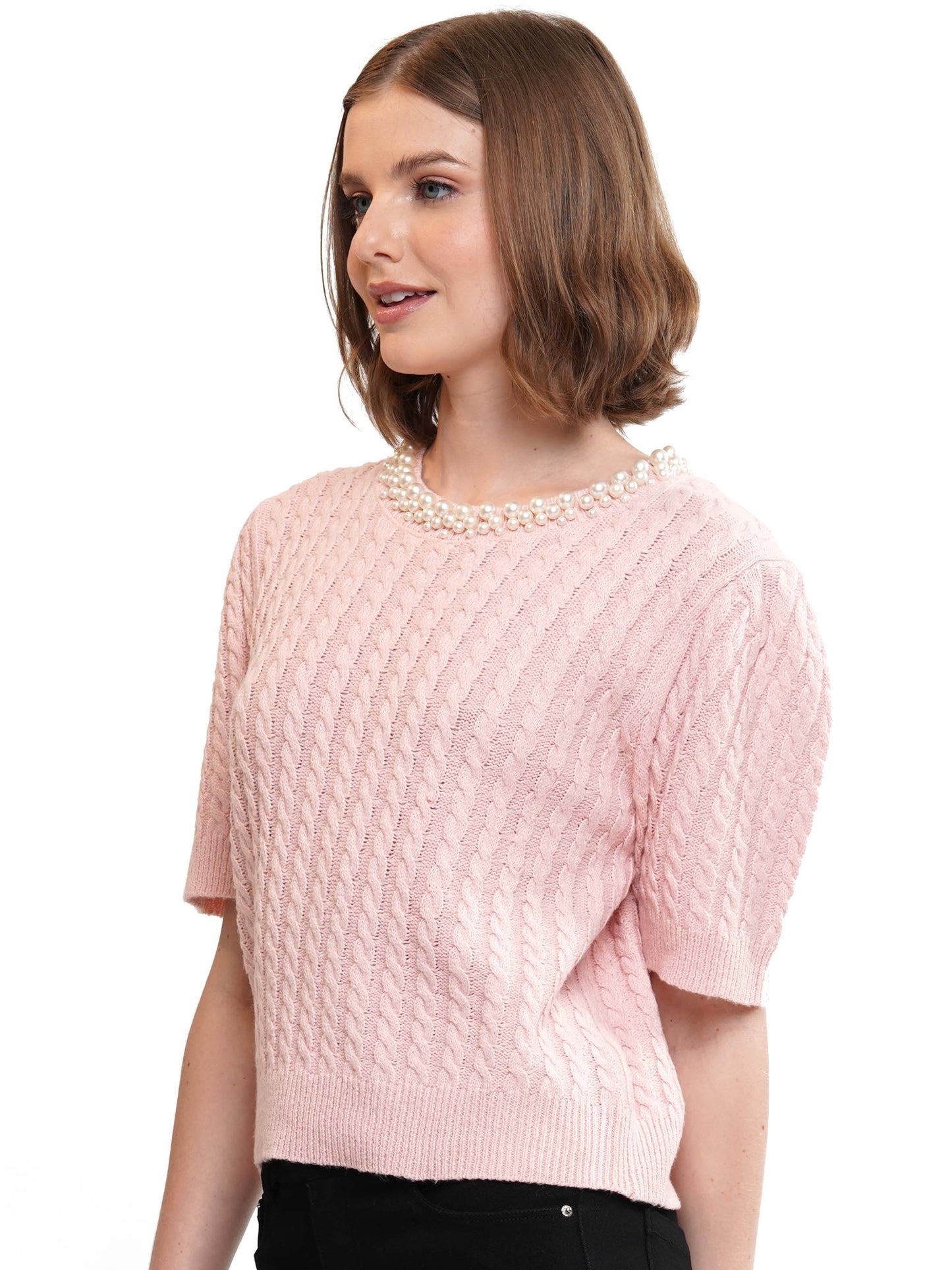 Neckline Pearls Beaded Cable Knit