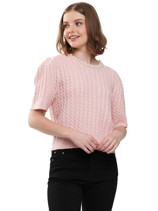 Neckline Pearls Beaded Cable Knit