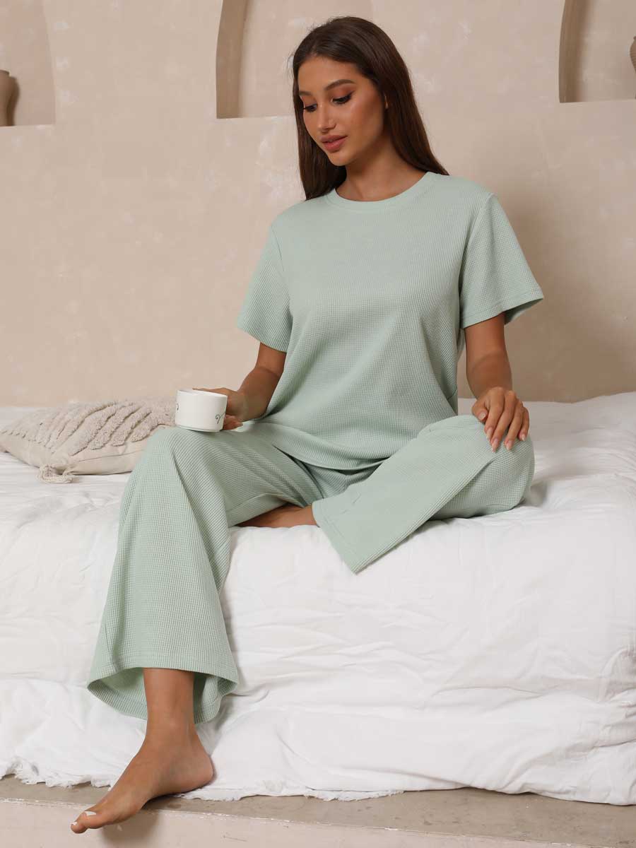 Waffle Knit Top & Track Pants Set