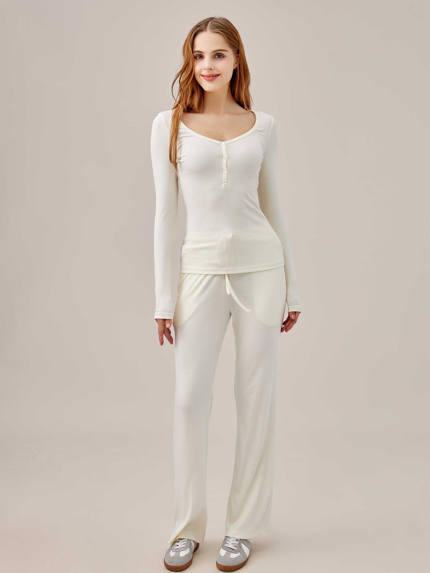 Airy Soft Henley Long Sleeve Top & Pants 2-Piece Set