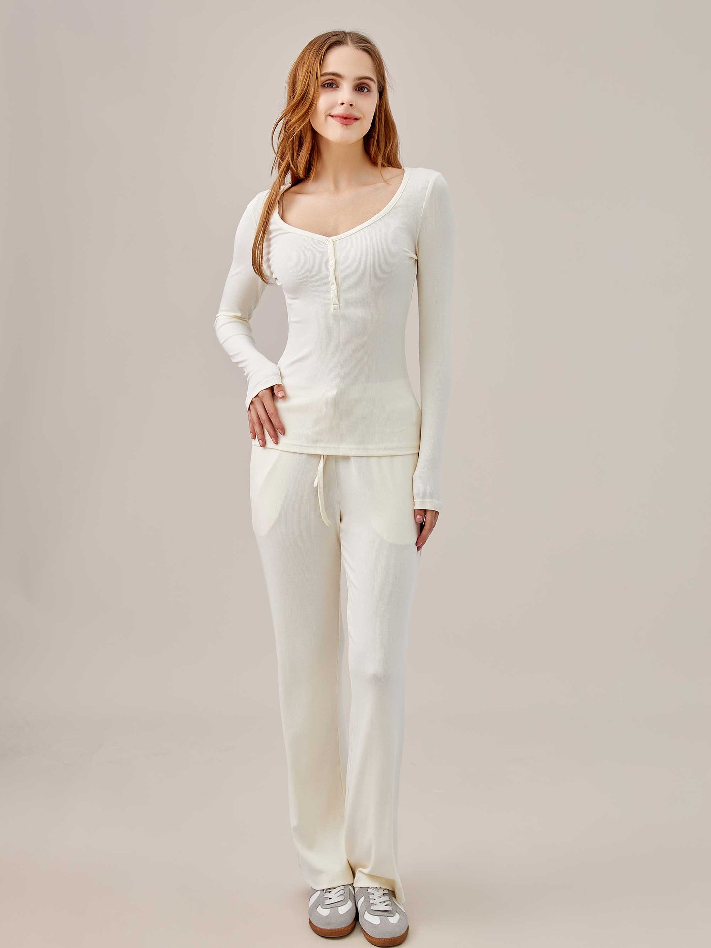 Airy Soft Henley Long Sleeve Top & Pants 2-Piece Set