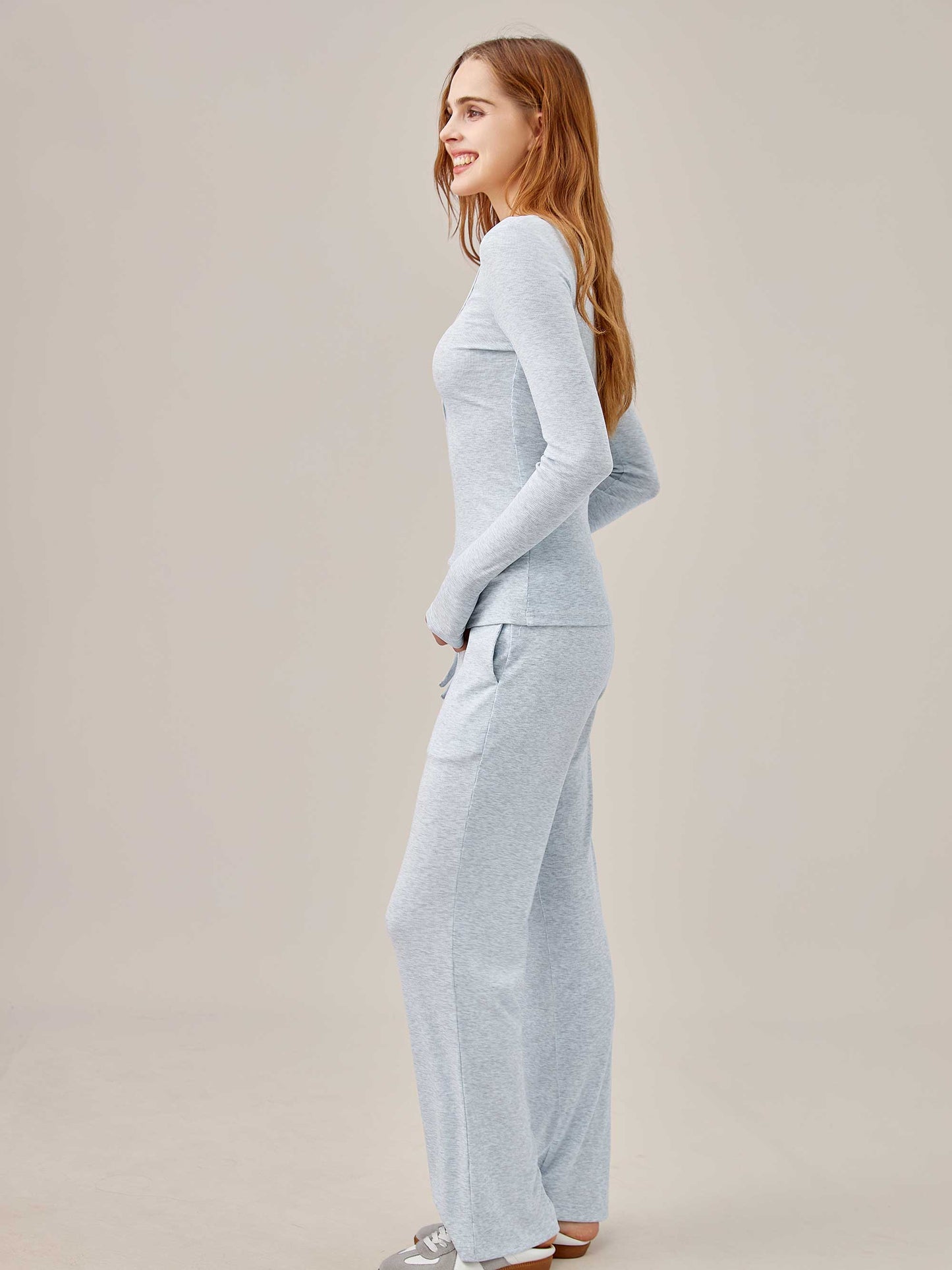 Airy Soft Henley Long Sleeve Top & Pants 2-Piece Set