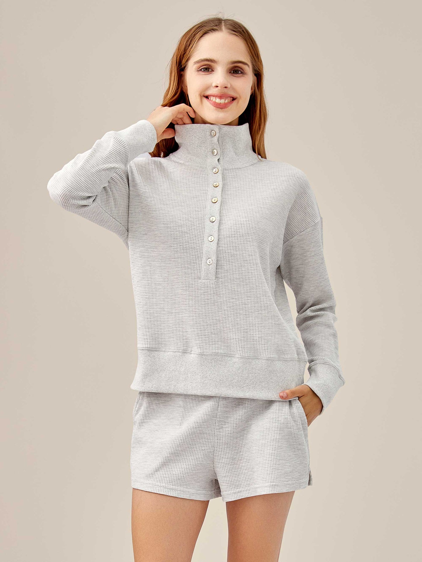 Waffled Henley Pullover Set