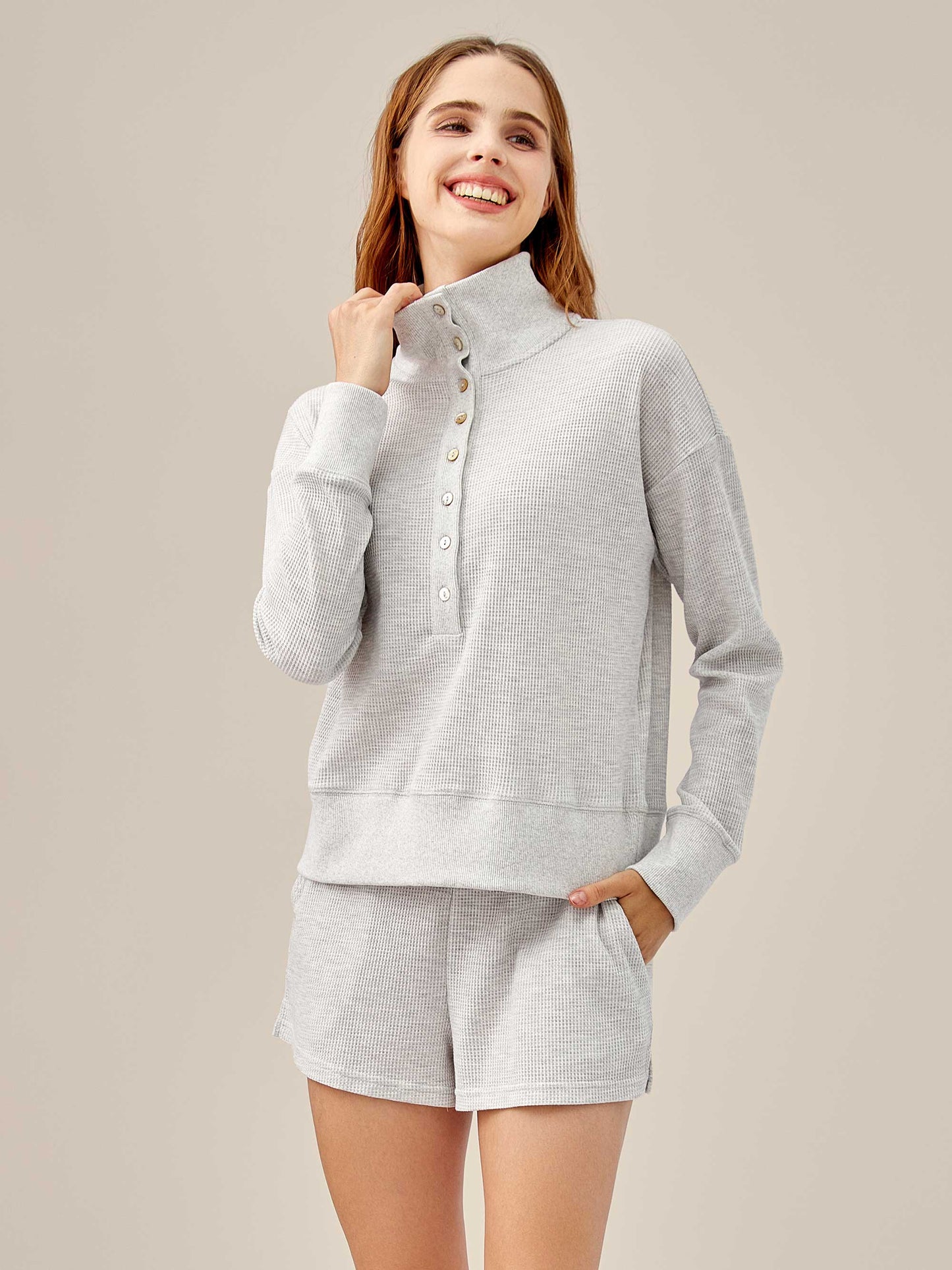 Waffled Henley Pullover Set